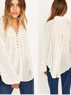 Free People Cream Embellished Button-Front Peasant Blouse
